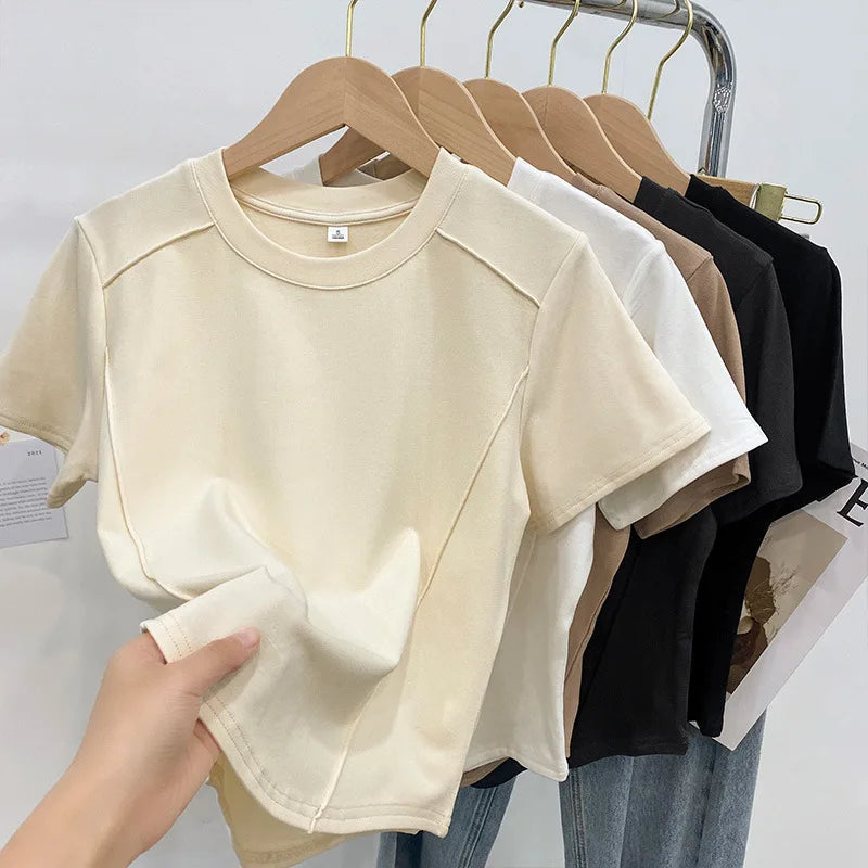 Women's T Shirts Solid Color Round Neck Short Sleeve Slim Versatile T Shirts Women 2026 Summer Fashionable Age Reduction Tops