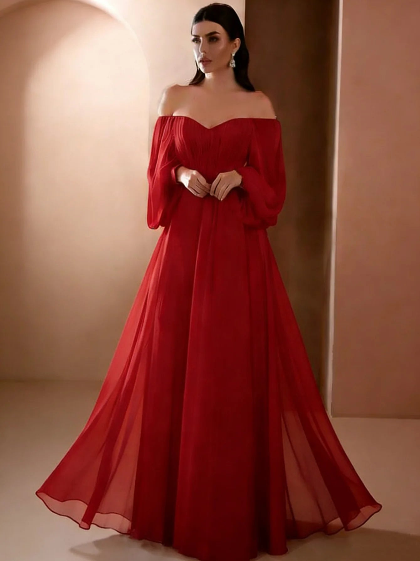 Dresses For Woman Elegant vestidos Solid Color Slim Robe Evening Dress Sexy One Line Neck Simple Style Long Sleeves Simple Style