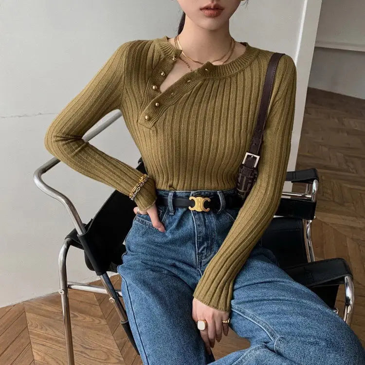 Knitted Sweaters For Women High Quality 2025 Trend Pullover Female Sweater Vintage Brown Striped Cropped Long Sleeve Cute Tops