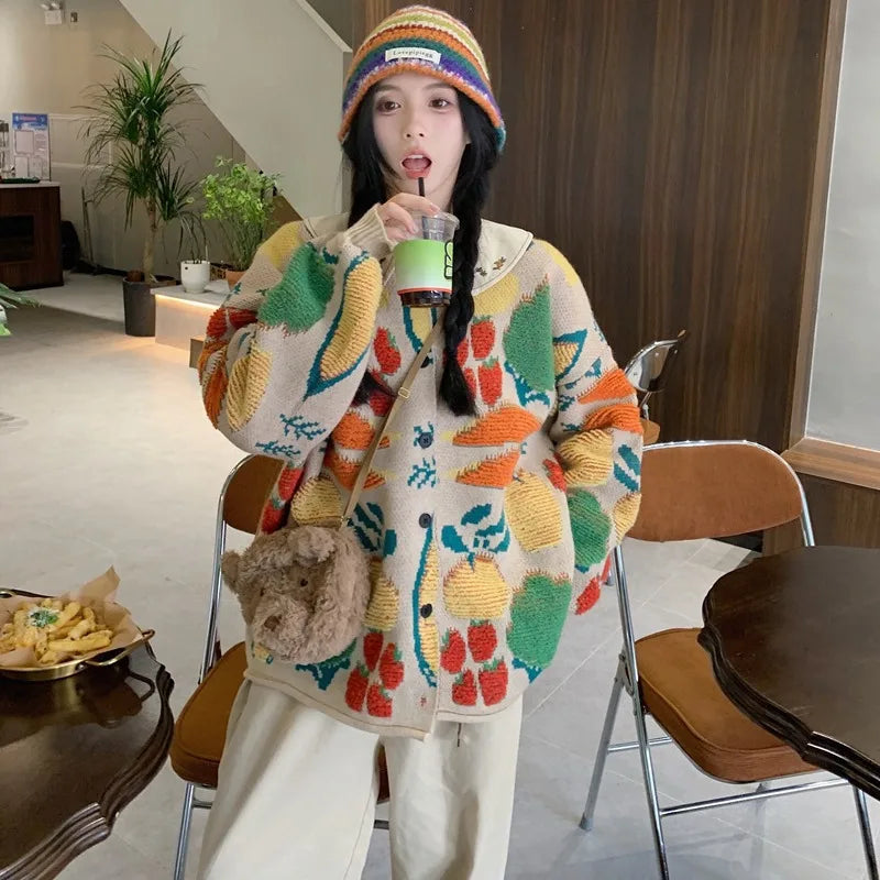 Women Sweaters Cardigan Print Floral Coats Full Sleeve Knitted Loose Jumpers Coat Top Regular Splice Single Breasted Outerwear