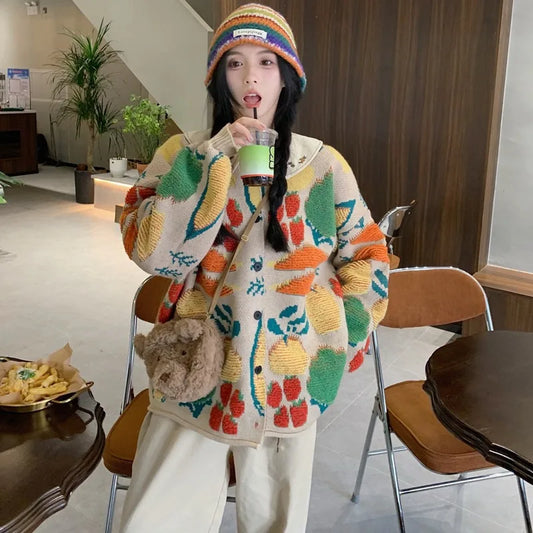 Women Sweaters Cardigan Print Floral Coats Full Sleeve Knitted Loose Jumpers Coat Top Regular Splice Single Breasted Outerwear