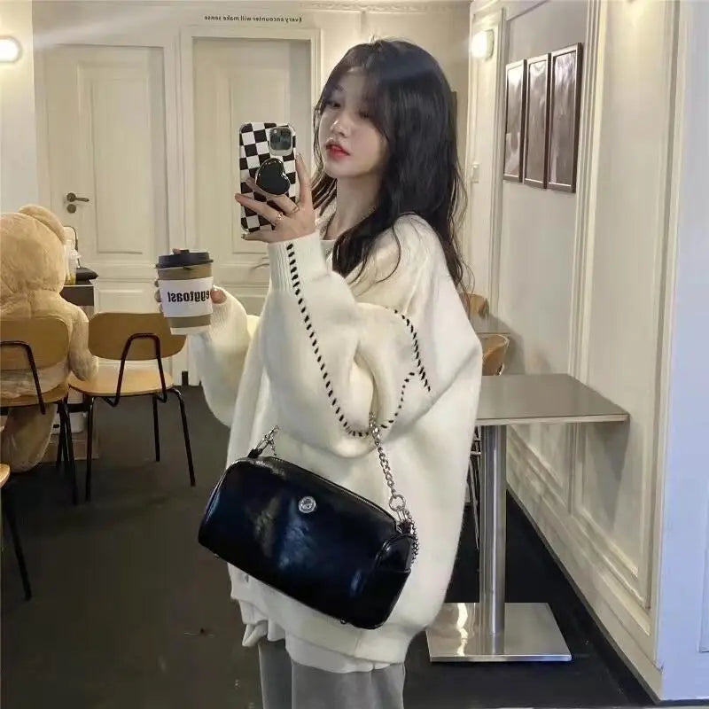 Sweater for Women in Autumn Winter V-neck Sweater Warm Loose Versatile College Style Chic Cardigan Early Jacket Trendy