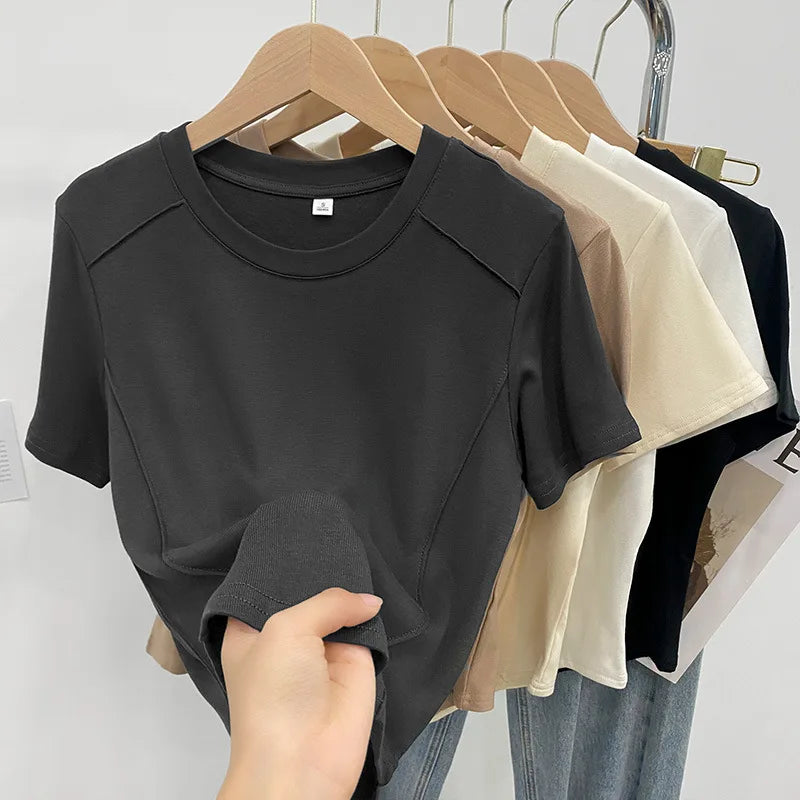 Women's T Shirts Solid Color Round Neck Short Sleeve Slim Versatile T Shirts Women 2026 Summer Fashionable Age Reduction Tops