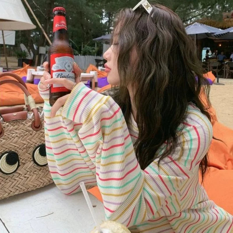 Long Sleeve T-shirts Women Striped Fashion Spring Cozy Loose Casual Panelled Korean Style Students All-match Lovely Female Chic