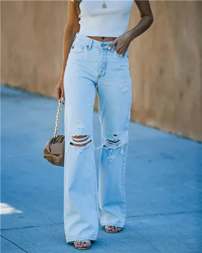 LIXZ Women's Light Washed Ripped Denim Jeans Casual Trendy High Waist Straight Leg Pants