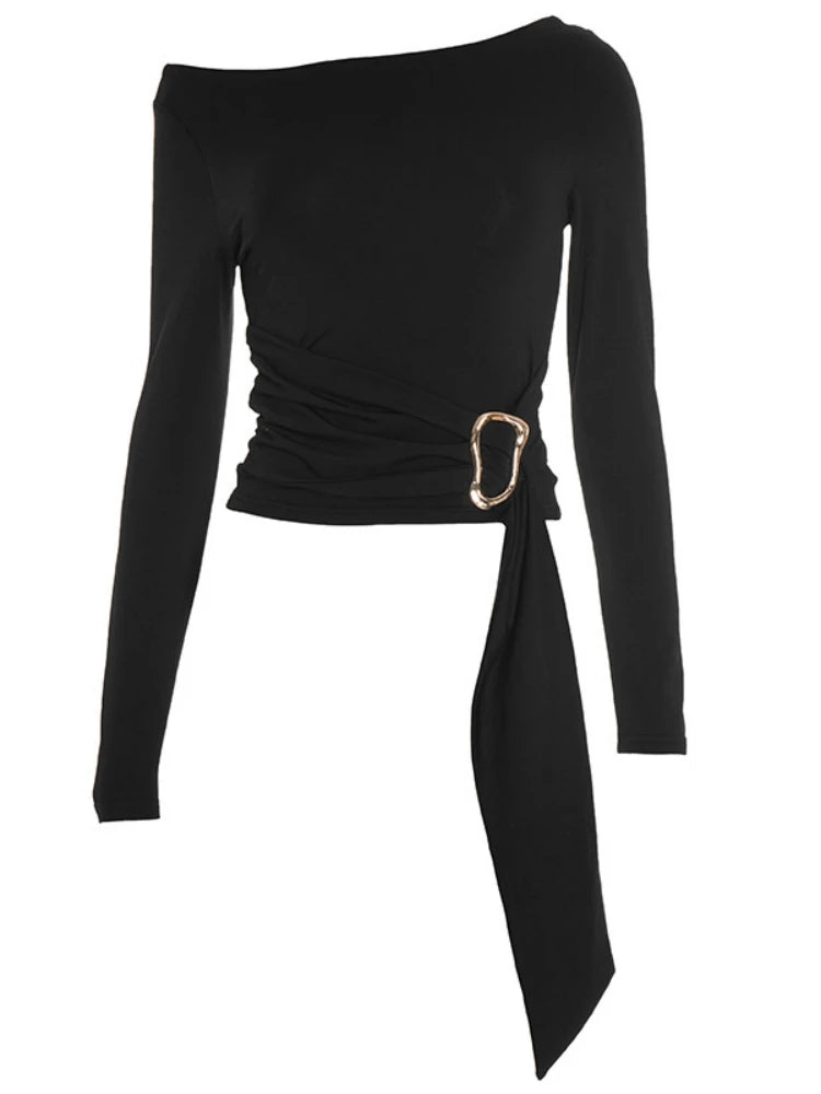 Long Sleeve T Shirts For Women Aesthetic Clothes Slash Neck Crop Top Tassels Tshirt Solid Color Camisetas Slim Fit Ropa De Mujer