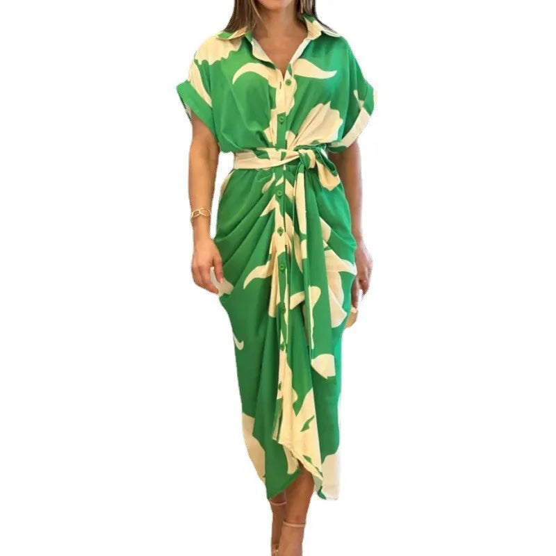 Elegant Dresses For Lady Vestidos 2026 Woman Dress Vestido Commuting Temperament Printed Irregular Leace-up Lapel Slim Contrast