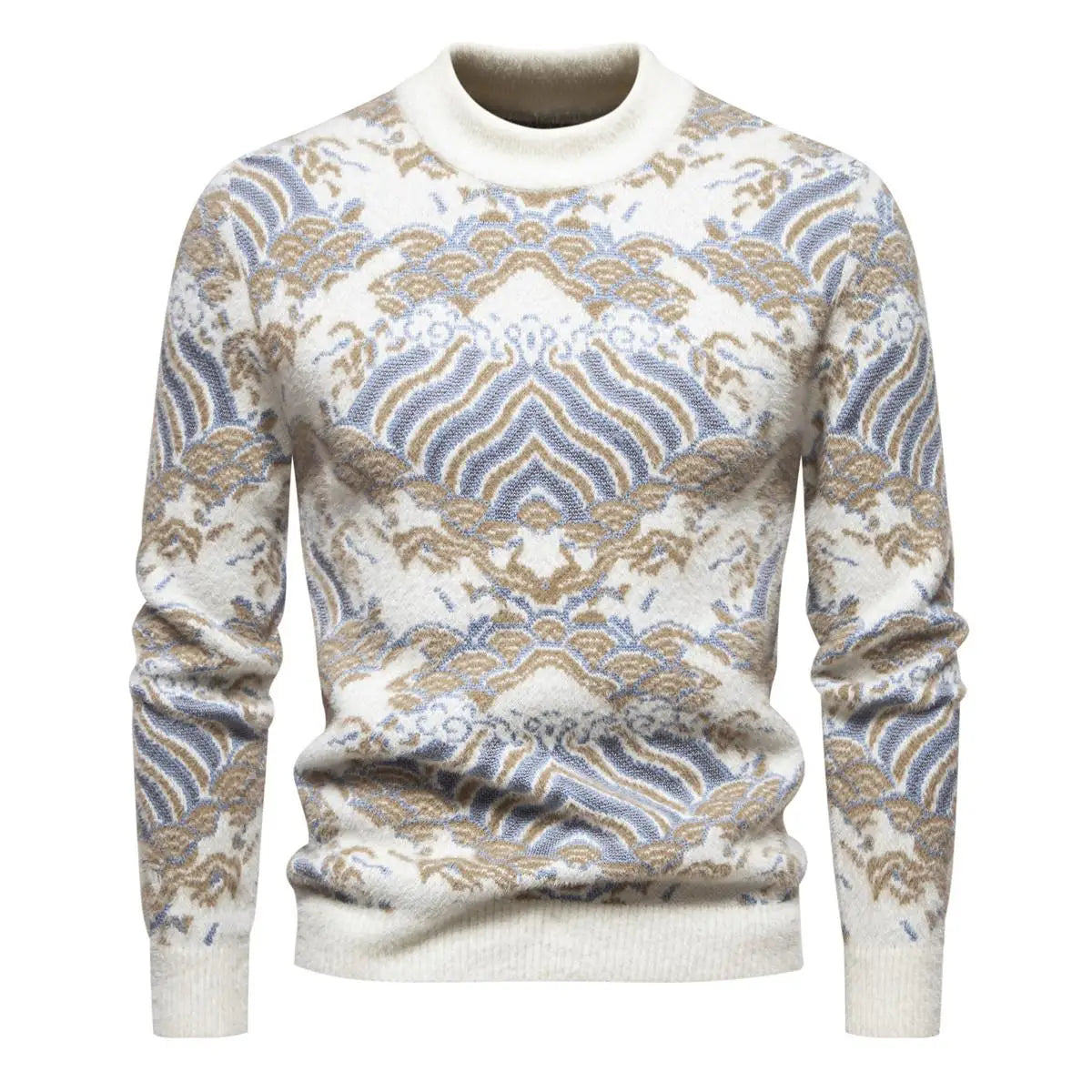 Men's Oversized Mohair Sweater Soft Long Sleeve Wave Print Pullover Knit Top for Spring Autumn Casual Streetwear Winter Wear