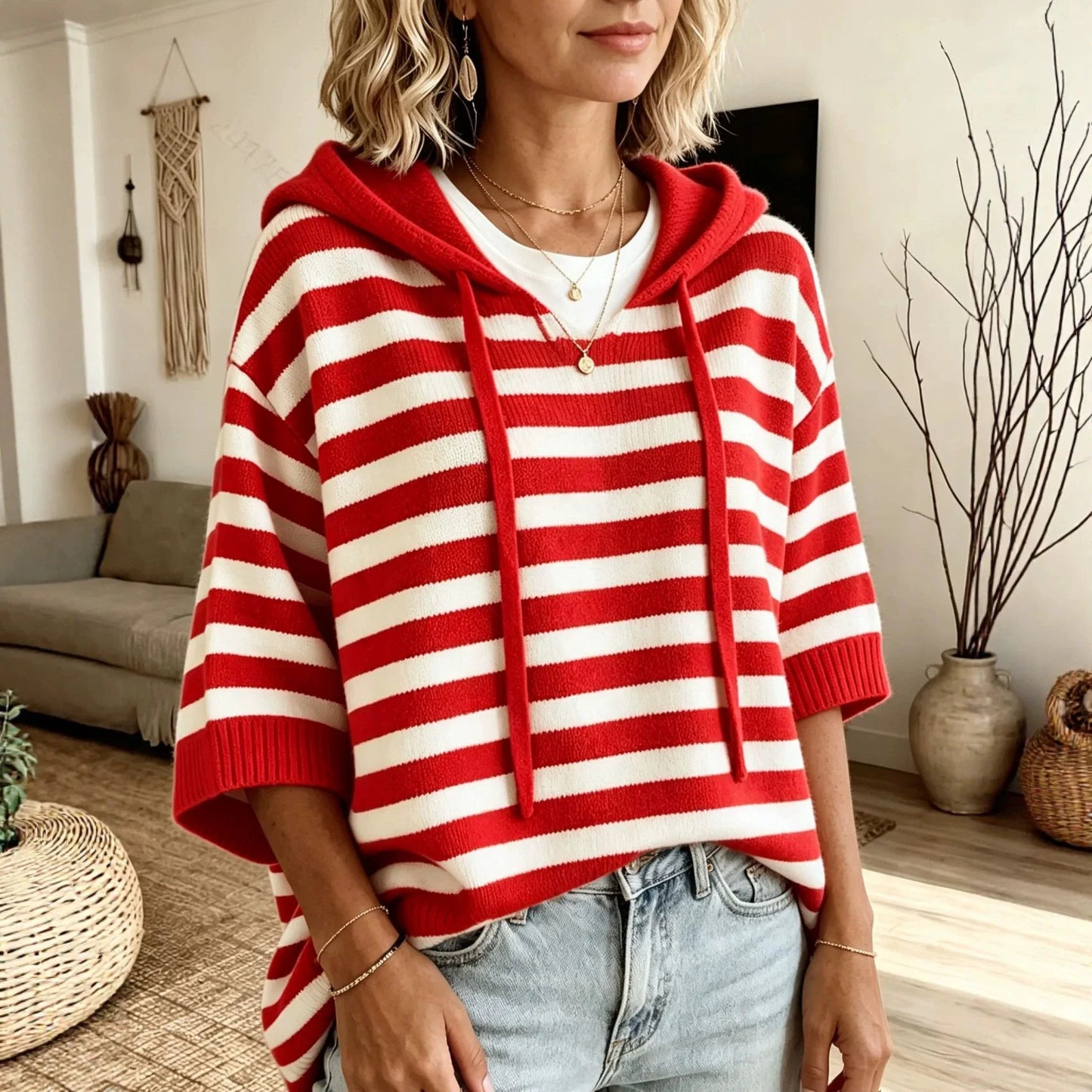 Women's Sweater New Hooded Drawstring Knitted Sweater Loose Long Sleeve Striped Jumper Women