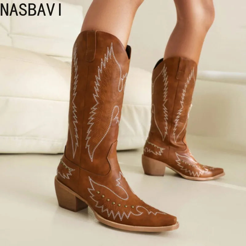 NASBAVI Red Embroidered Pointed Toe Western Knee High Wide Calf Cowgirl Boots