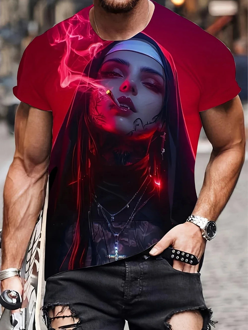 Men's  with Smoking Nun 3D Graphic T-Shirt Black Casual Summer Tee Short Sleeves Polyester  Streetwear T-Shirts Vintage Clothing