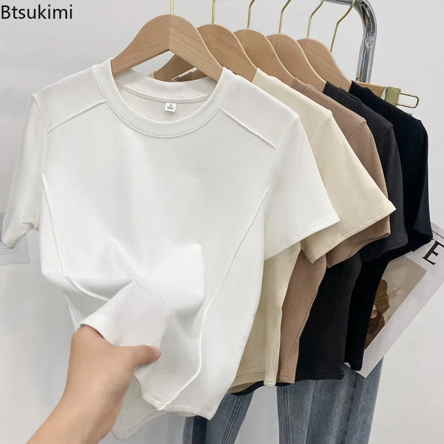 Women's T Shirts Solid Color Round Neck Short Sleeve Slim Versatile T Shirts Women 2026 Summer Fashionable Age Reduction Tops