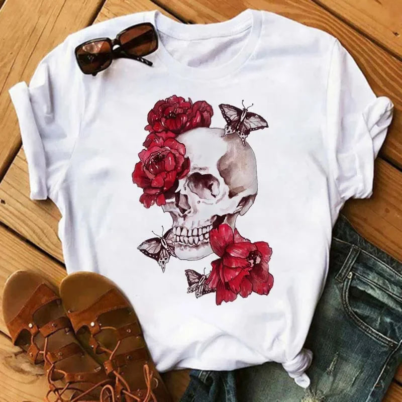 Fashion Leopard Skull Printed Women T-shirt Summer Loose Black Female T-shirt Casual Round Neck Harajuku Tops Woman Clothes