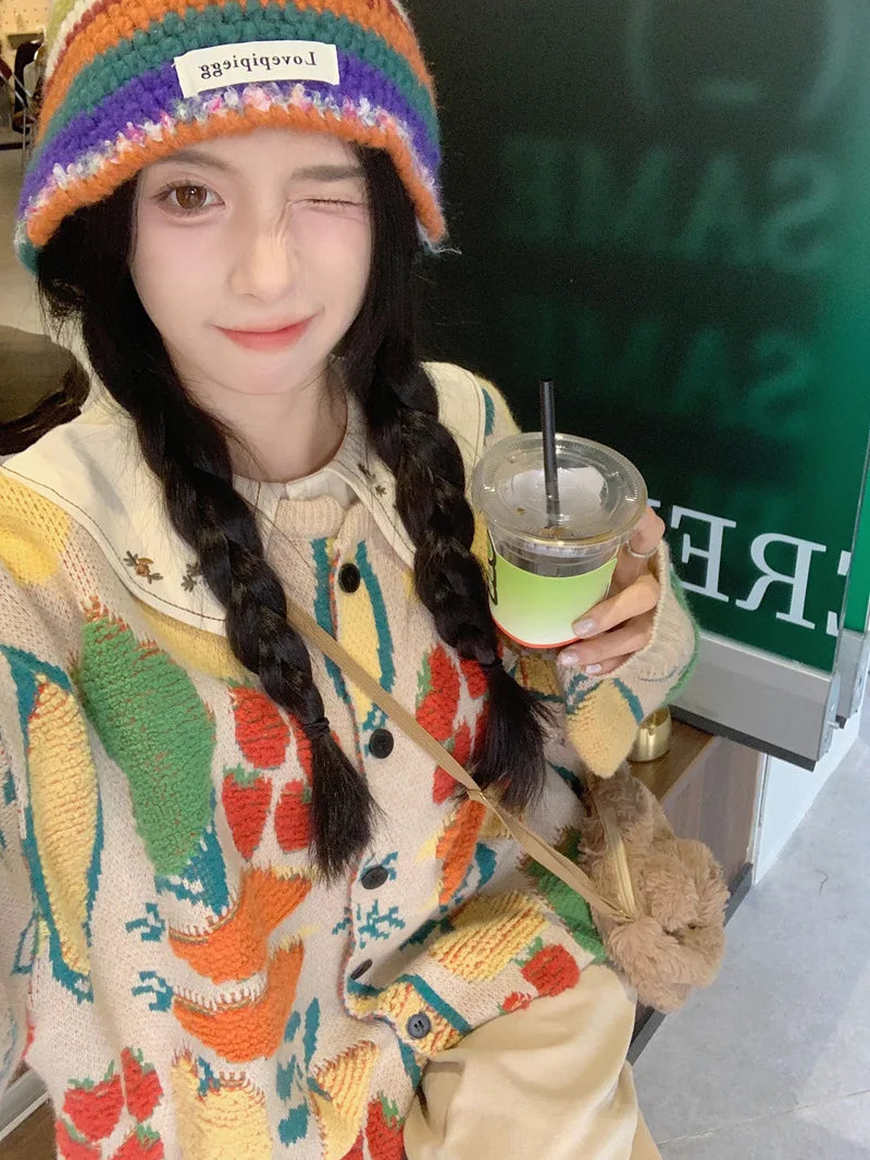 Women Sweaters Cardigan Print Floral Coats Full Sleeve Knitted Loose Jumpers Coat Top Regular Splice Single Breasted Outerwear