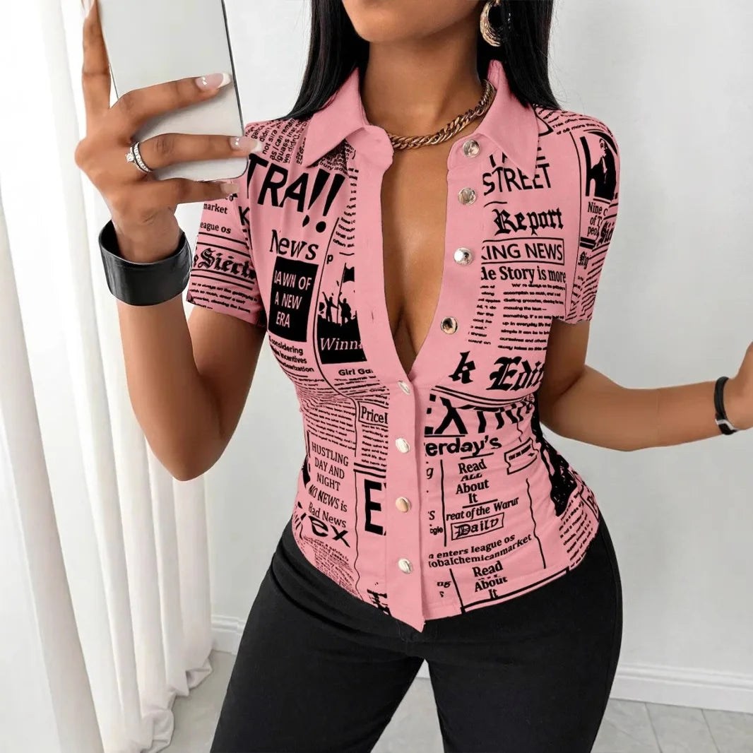 Shirt Top Women Letter Print Blouse Turn Down Collar Single Breasted Short Sleeves Tops 2025 Summer Office Lady Overshirt
