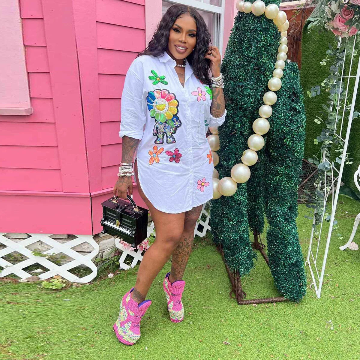 Women Shirts Print Pearls Turn Down Collar Button Elegant Lady Blouses Full Sleeve Spliced Loose Casual Shirt Spring 2025