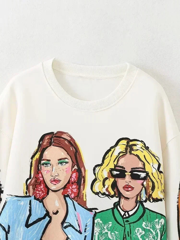 Women Sweatshirts 2023 New Fashion cotton Plush Girls Print Casual Sweatshirts Female O Neck Hoodies Chic Pullovers Tops