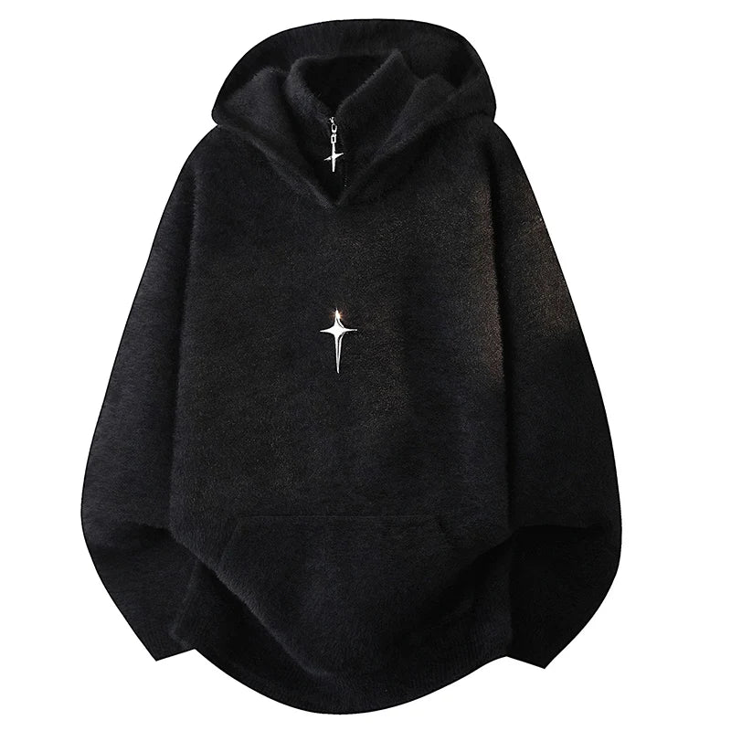 Fashion Men's Hooded Sweaters Autumn Winter Thicken Knitwear Hooded Tops Clothing Youth High Street Loose Solid Warm Pullovers