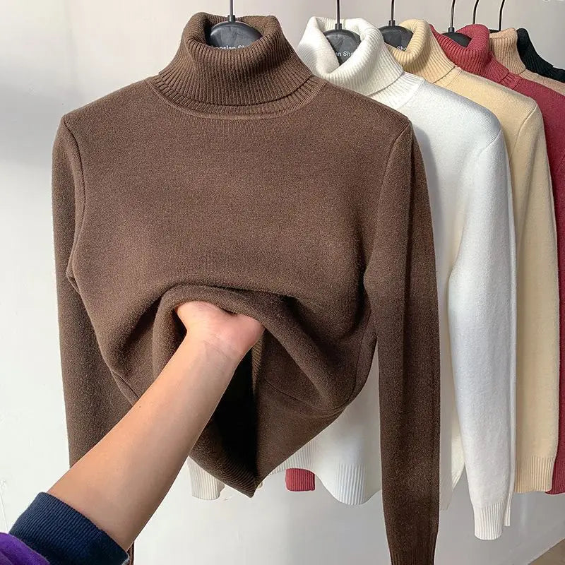 Women's Clothing Sweaters High Collar Knitted Top 2023 Autumn Winter plush thickened lining black long sleeved bottom Pullovers