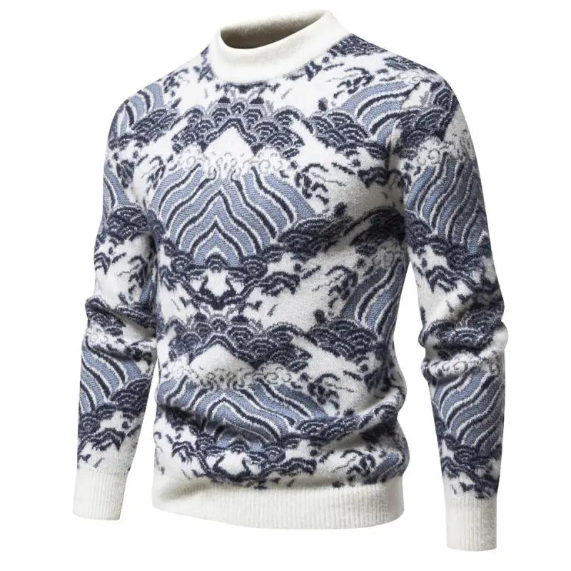 Men's Oversized Mohair Sweater Soft Long Sleeve Wave Print Pullover Knit Top for Spring Autumn Casual Streetwear Winter Wear