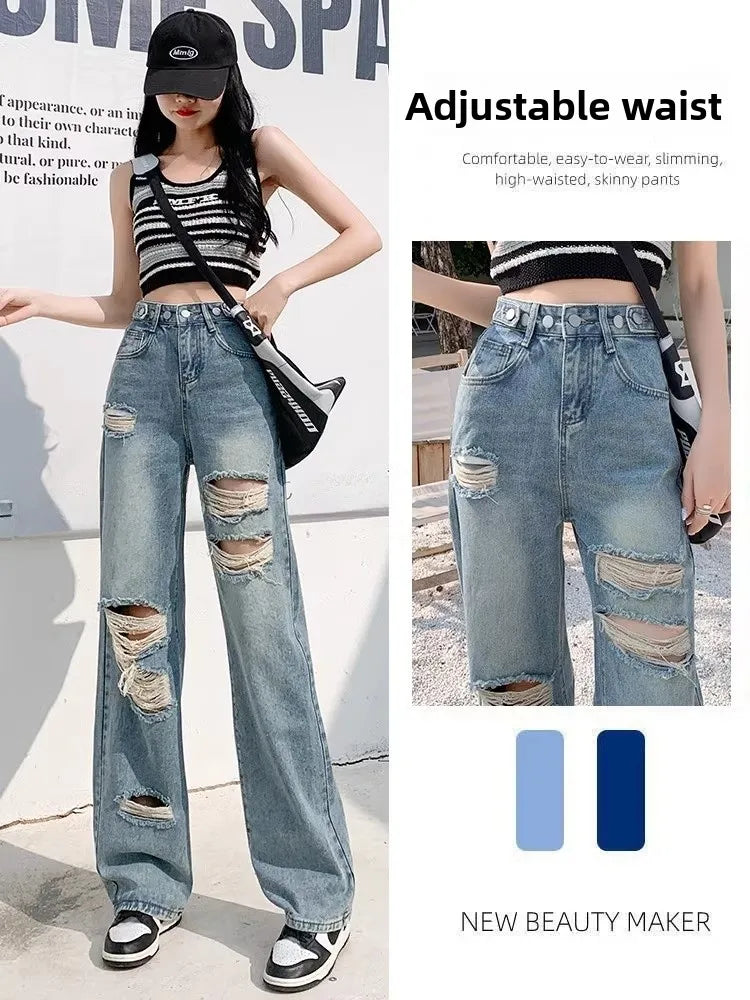 Trendy Ripped Straight Leg Jeans Women's Spring Summer High Waist Loose Wide Leg Pants Slimming Design Casual Denim Jeans