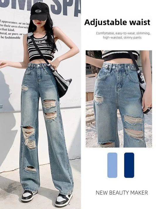 Trendy Ripped Straight Leg Jeans Women's Spring Summer High Waist Loose Wide Leg Pants Slimming Design Casual Denim Jeans