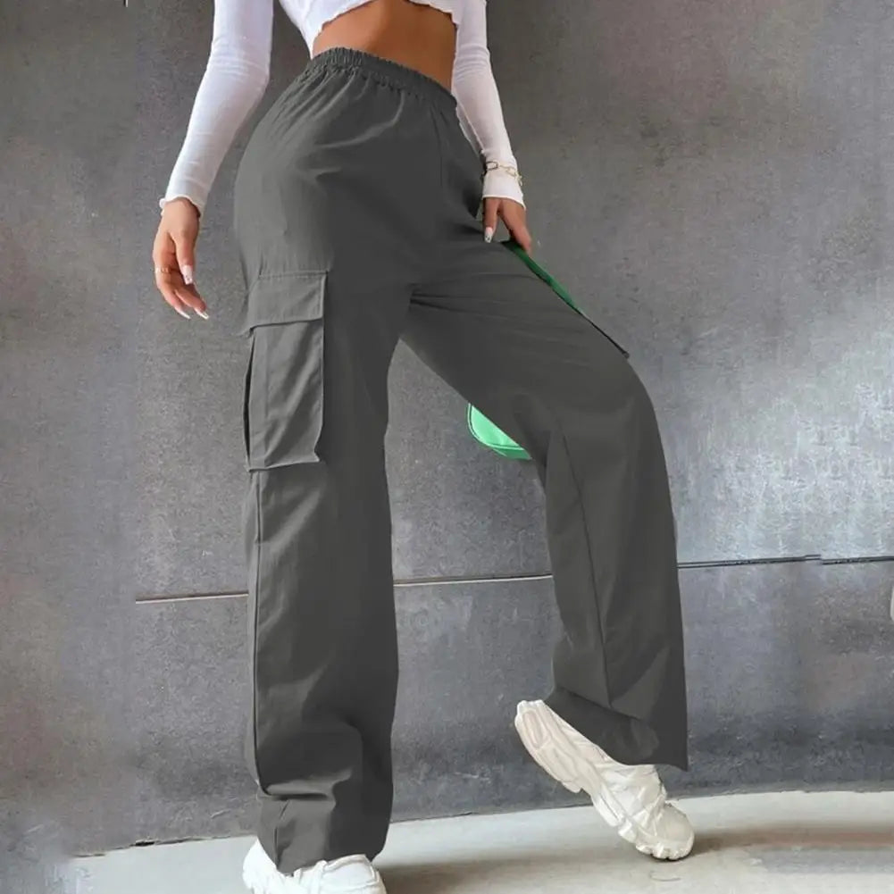 SANWOOD Women Cargo Pants Stylish Women's Cargo Pants Trendy Wide Leg Trousers with Elastic Waist Pockets Casual Korean for Spring