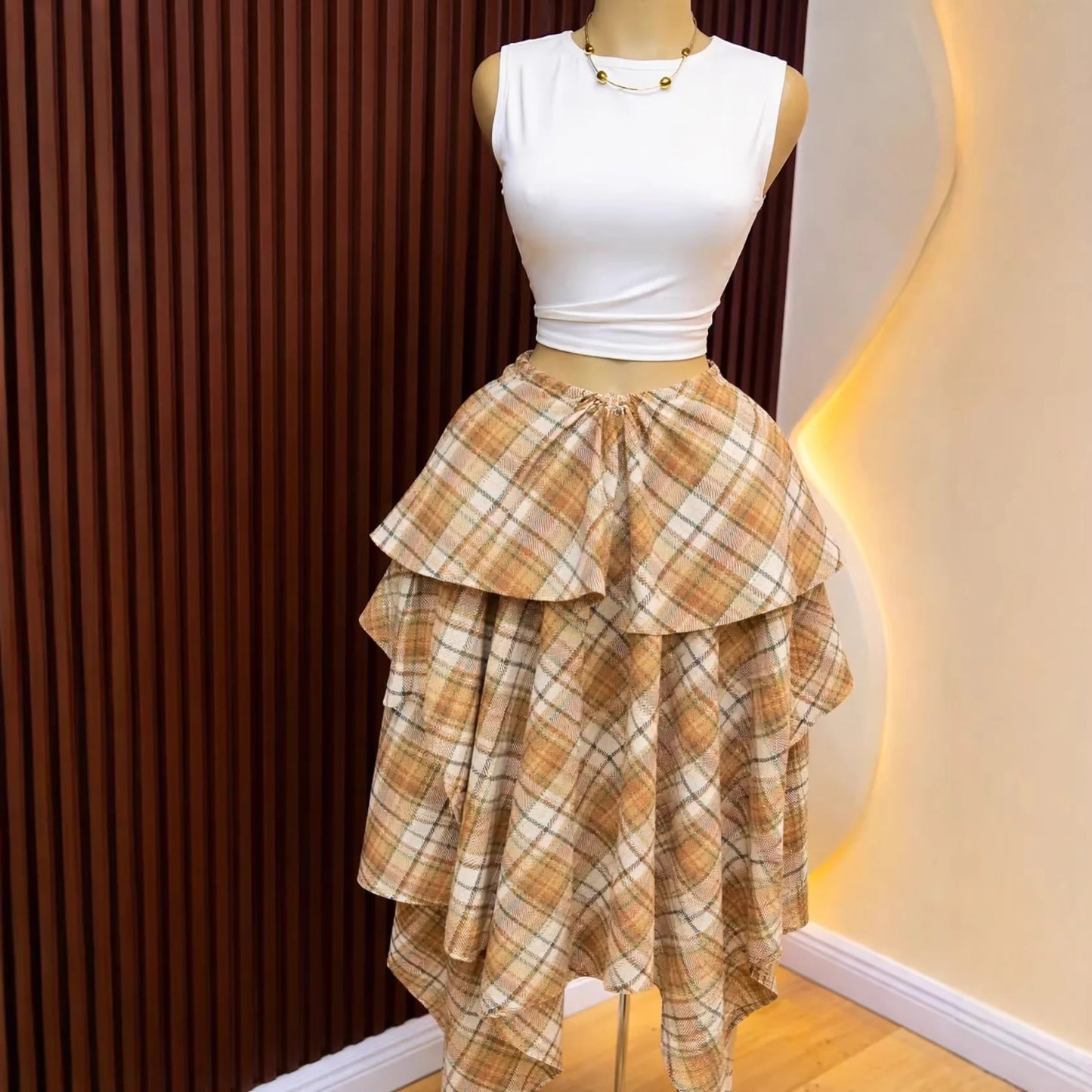 Skirts Women Mid Length Skirt A Line High Waist Slim Fit Plaid Print Casual Elegant Splice Y2k Streetwear Work 2026 Summer