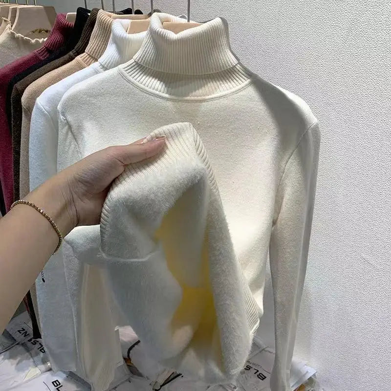 Women's Clothing Sweaters High Collar Knitted Top 2023 Autumn Winter plush thickened lining black long sleeved bottom Pullovers