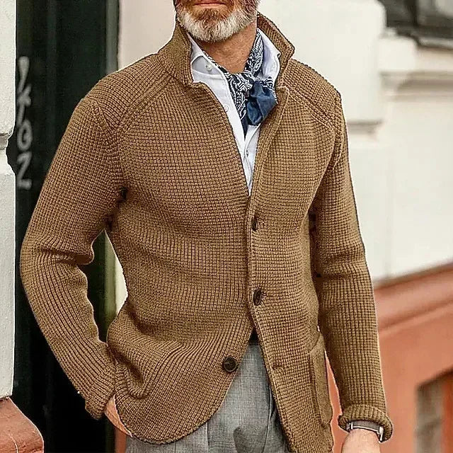 Men's Solid Casual Knitwear Sweater Thick Warm Stand Collar Cardigan Tops Elegant Knitted Coats Autumn Winter Male Sweaters