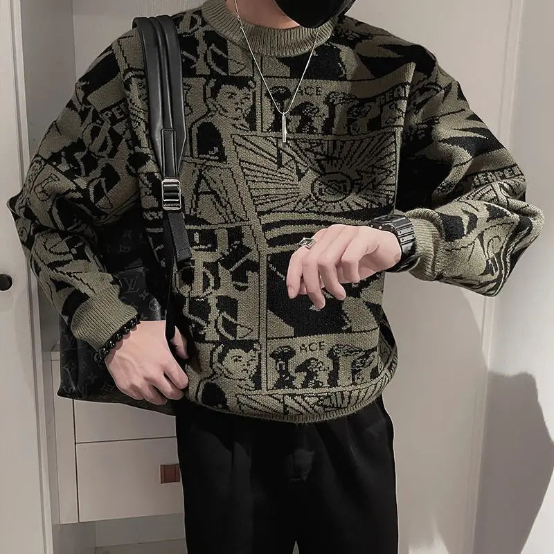 Floral Sweater for Men's Spring and Autumn Trendy Bottoming Shirt for Long Sleeves, Personalized Fashion Knitted Sweater