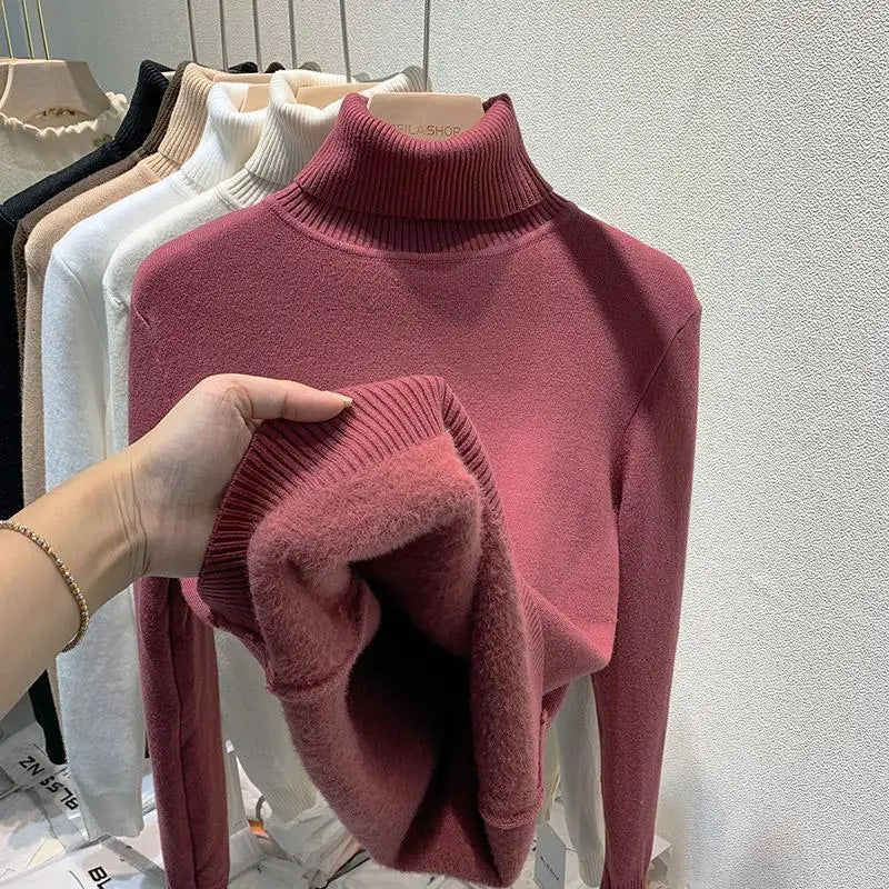Women's Clothing Sweaters High Collar Knitted Top 2023 Autumn Winter plush thickened lining black long sleeved bottom Pullovers