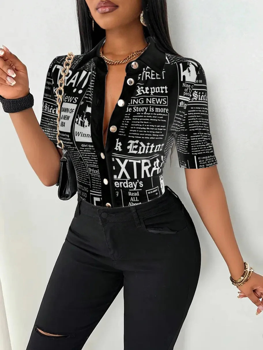 Shirt Top Women Letter Print Blouse Turn Down Collar Single Breasted Short Sleeves Tops 2025 Summer Office Lady Overshirt