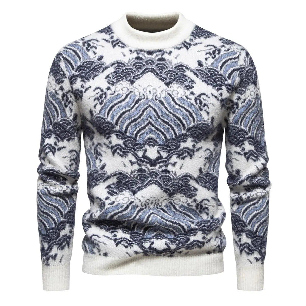 Men's Oversized Mohair Sweater Soft Long Sleeve Wave Print Pullover Knit Top for Spring Autumn Casual Streetwear Winter Wear