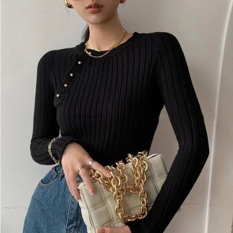 Knitted Sweaters For Women High Quality 2025 Trend Pullover Female Sweater Vintage Brown Striped Cropped Long Sleeve Cute Tops