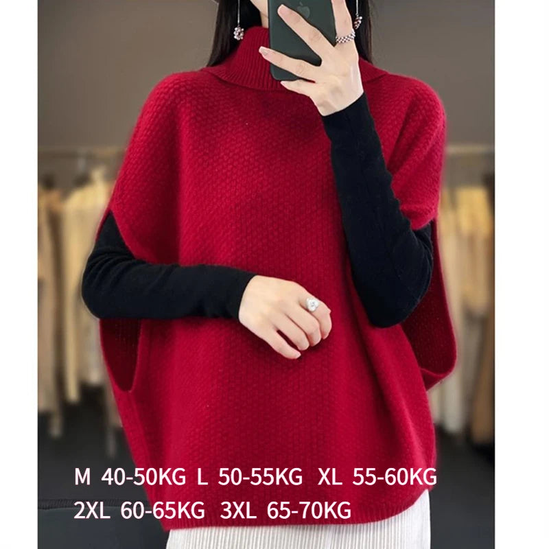 Women Batwing Sleeve Sweaters Knitting Vest Casual High Collar Elegant Solid Sweaters Loose-fit Sleeveless Waistcoat Pullover