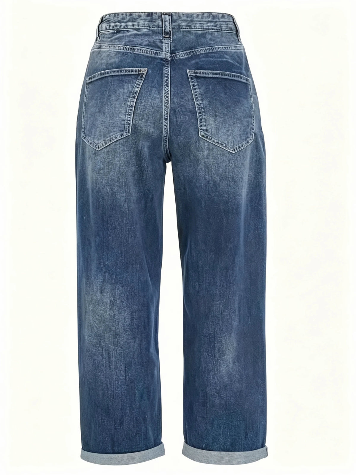 Women's Blue High-Waisted Jeans, Relaxed-Fit Slimming Straight-Leg Cropped Jeans with Rolled Hems