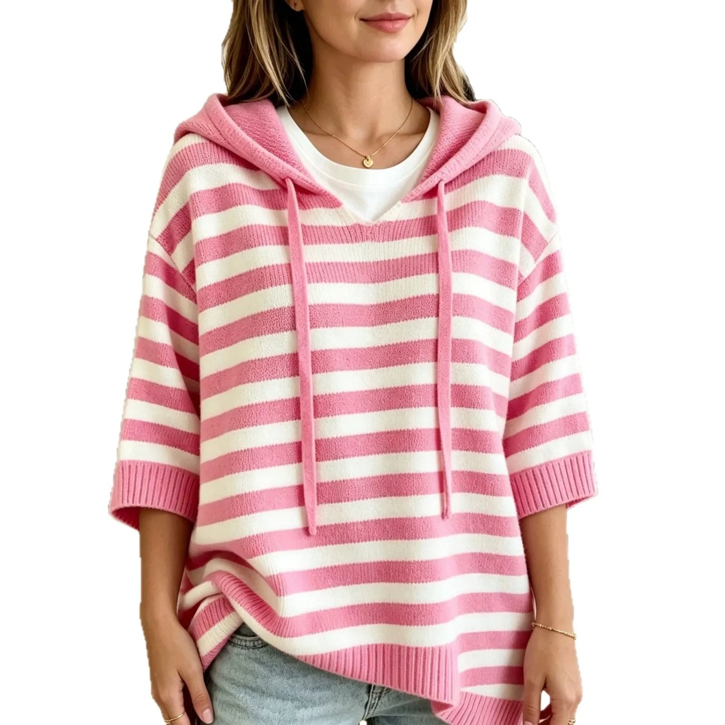Women's Sweater New Hooded Drawstring Knitted Sweater Loose Long Sleeve Striped Jumper Women