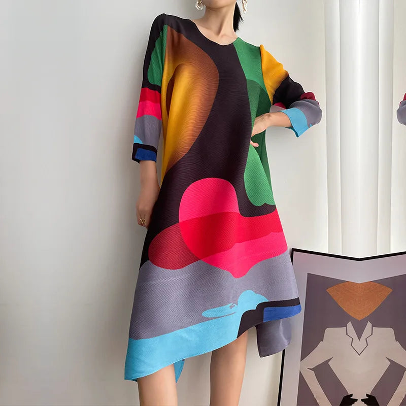 Miyake Pleated Print Dress 2024 New Early Spring Fashion Elegant A-line Swing Dress Elegant Women's Clothing High-quality