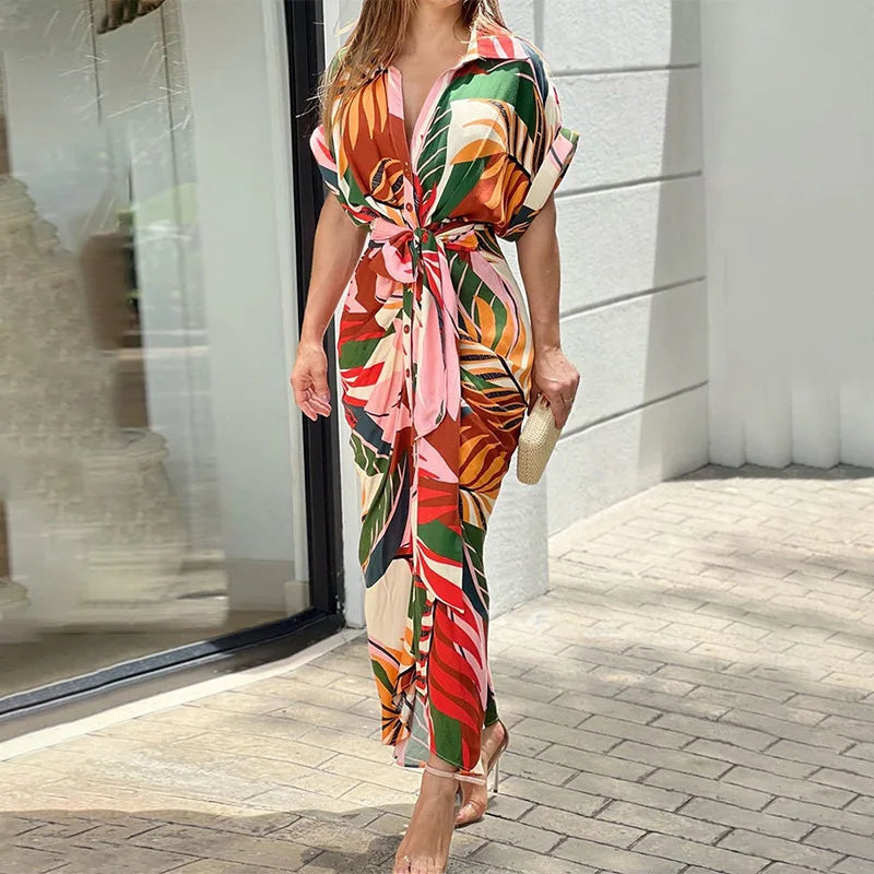 Elegant Dresses For Lady Vestidos 2026 Woman Dress Vestido Commuting Temperament Printed Irregular Leace-up Lapel Slim Contrast