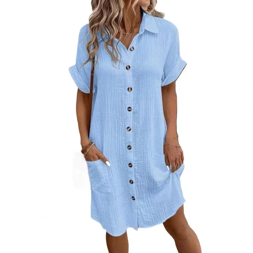 2026 Cotton Linen Dress Casual Button Down V-neck Dress Summer Short Sleeve Beach Sundress Elegant Maxi Dress