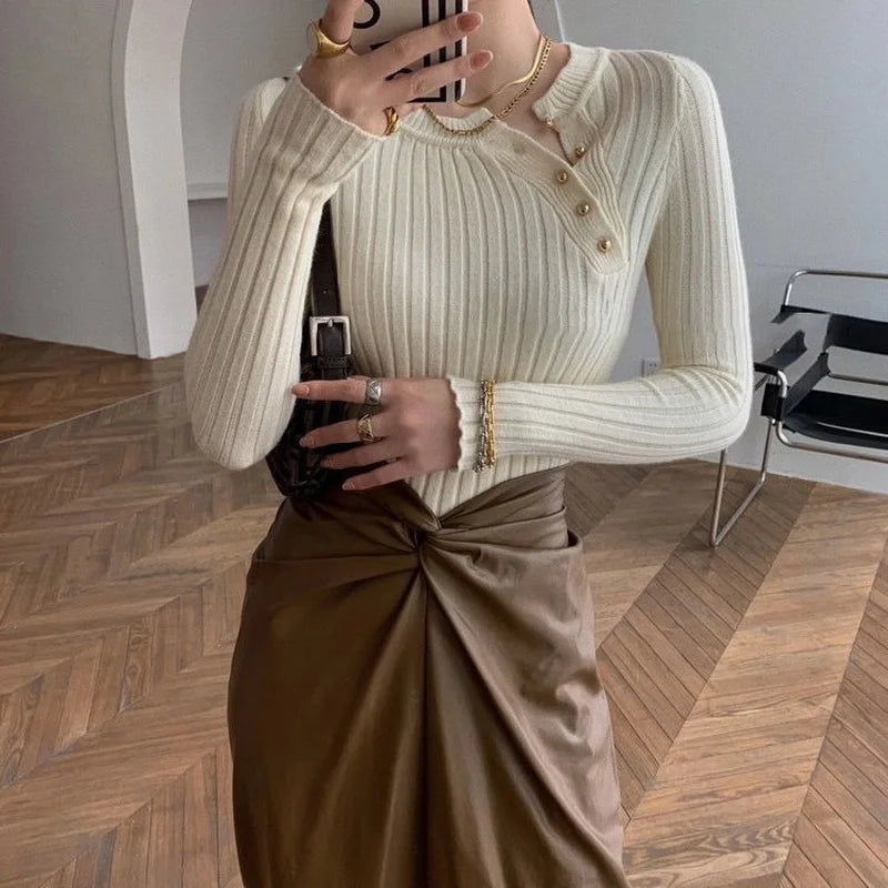 Knitted Sweaters For Women High Quality 2025 Trend Pullover Female Sweater Vintage Brown Striped Cropped Long Sleeve Cute Tops