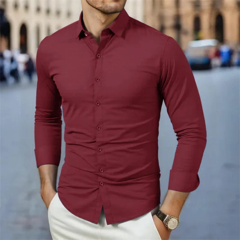 New Men's Business Casual Long Sleeved Solid Color Shirt Wrinkle Resistant Wrinkle Free Comfortable All Season Versatile Top