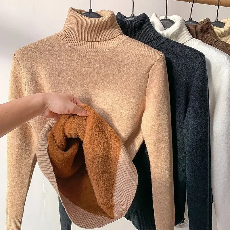 Women's Clothing Sweaters High Collar Knitted Top 2023 Autumn Winter plush thickened lining black long sleeved bottom Pullovers