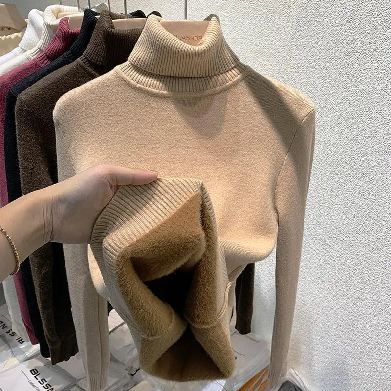 Women's Clothing Sweaters High Collar Knitted Top 2023 Autumn Winter plush thickened lining black long sleeved bottom Pullovers