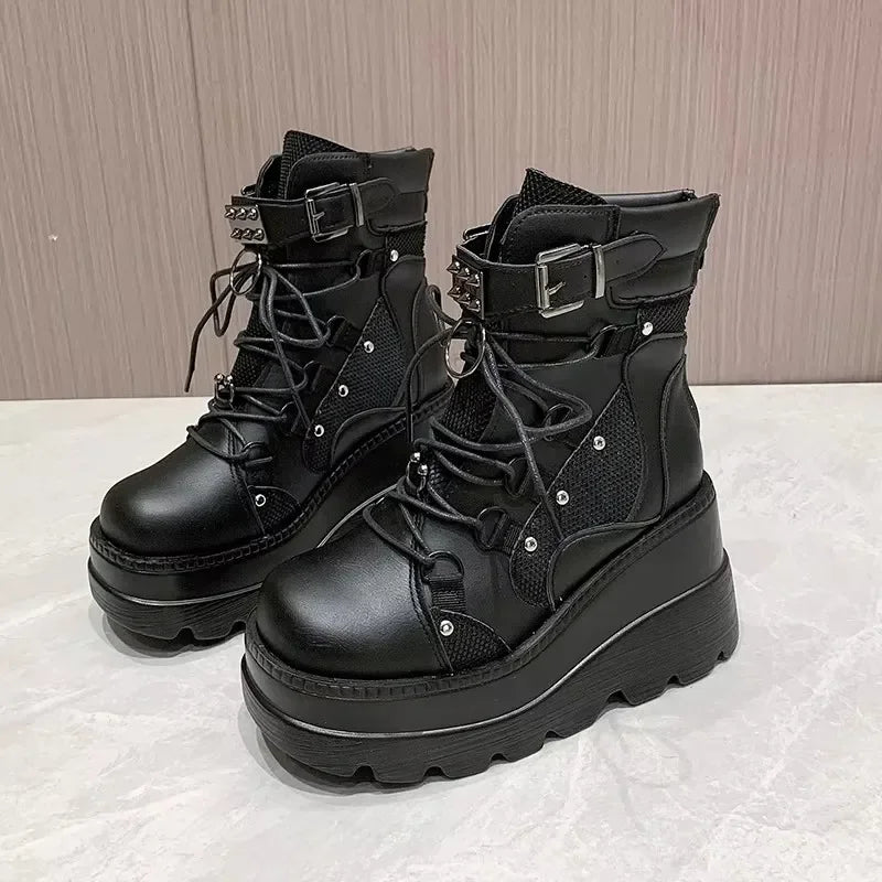 2025 New Design Punk Gothic Motorcycle Platform Boots (Chunky High Heel Ankle Boots Cool Wedge Black for Women)