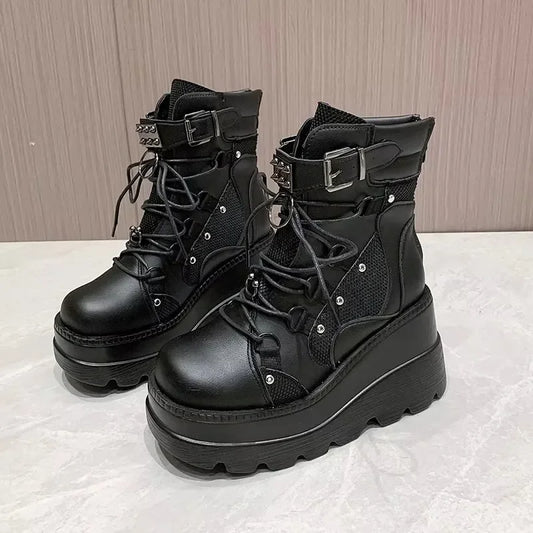 2025 New Design Punk Gothic Motorcycle Platform Boots (Chunky High Heel Ankle Boots Cool Wedge Black for Women)