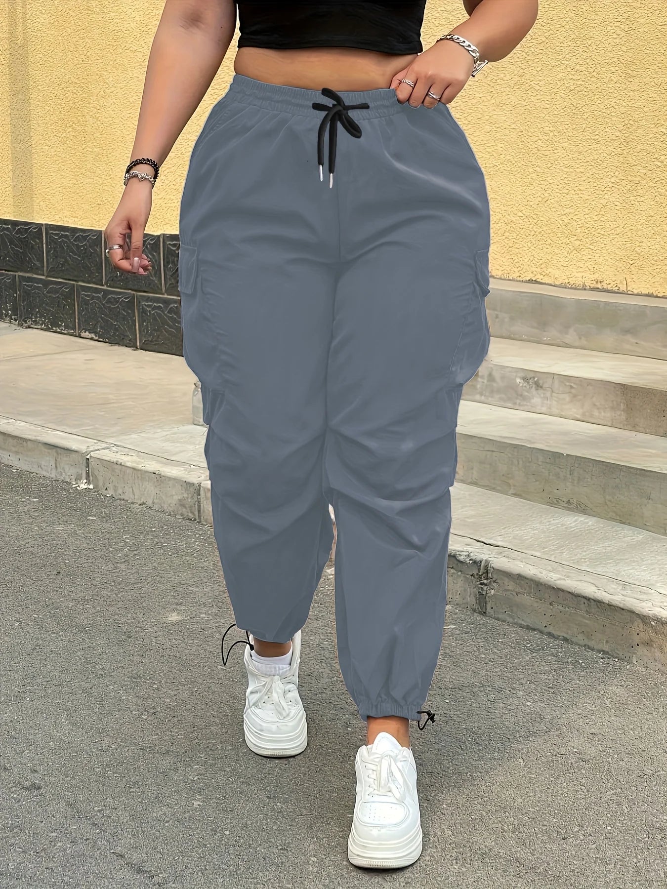 Women's Cargo Pants High Waist Elastic Waistband Drawstring Side Pocket Jogger Baggy Loose Fit Casual Sport Trousers for Summer