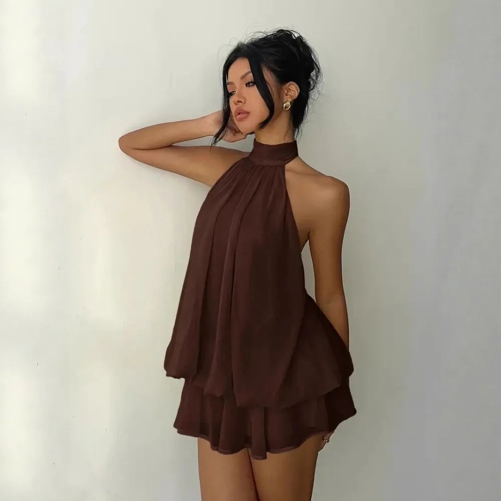 New Halter Tie Party Dress Backless Chiffon Going Out Dresses Sleeveless Ruffle Brunch Outfit