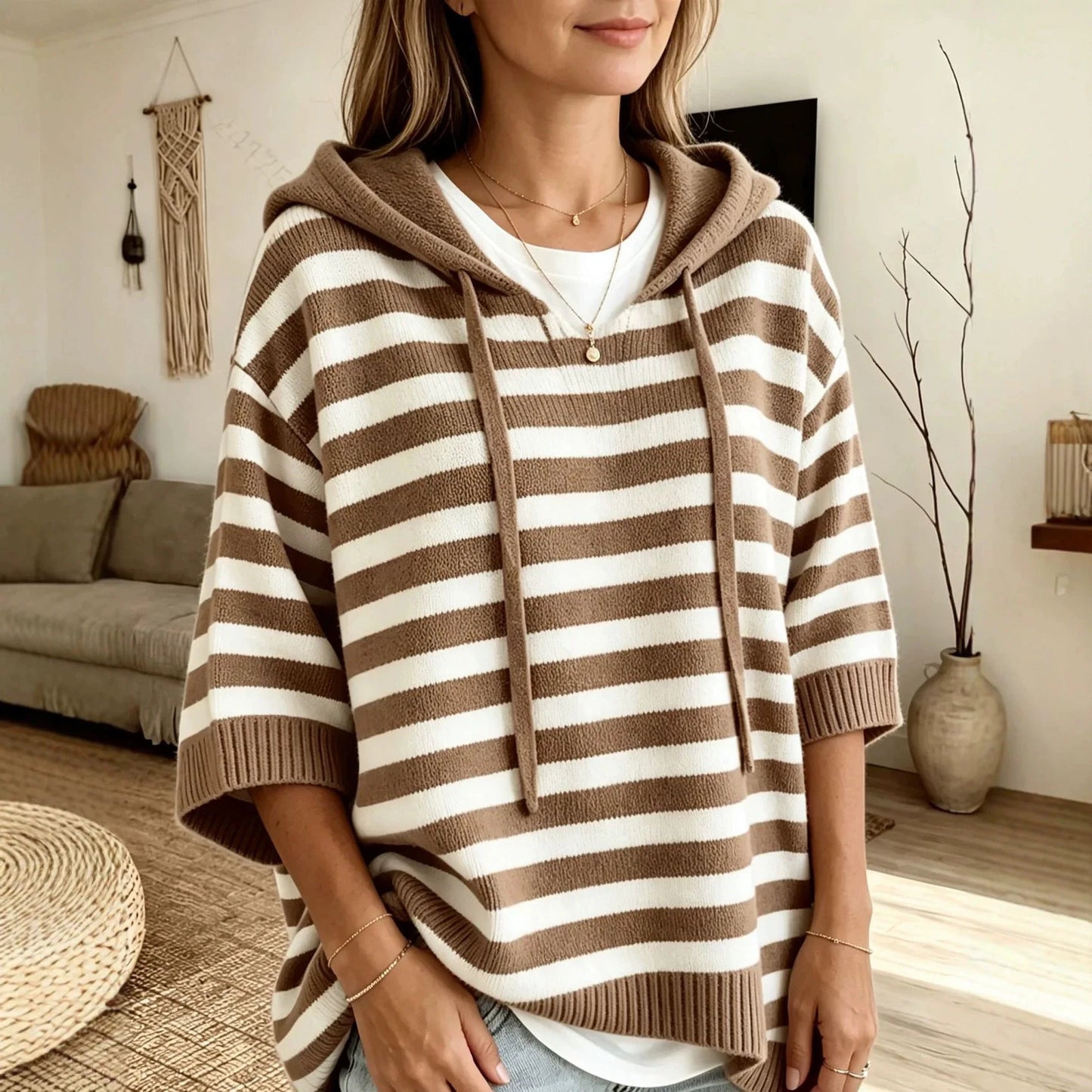 Women's Sweater New Hooded Drawstring Knitted Sweater Loose Long Sleeve Striped Jumper Women